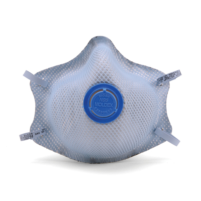 disposable blue respirator face mask and vent in front
