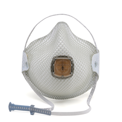 disposable white respirator face mask with vent and including adjustable strap