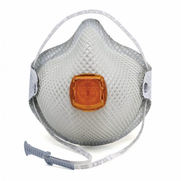 disposable white respirator face mask with orange vent and including adjustable strap