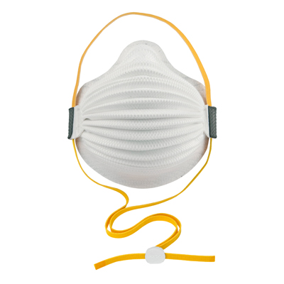 white disposable respirator face mask including yellow straps