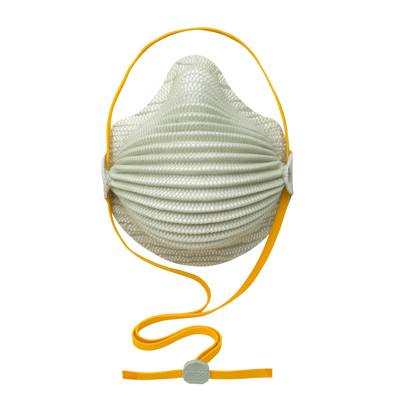 disposable white respirator face mask and orange adjustable straps