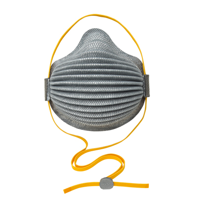 disposable gray respirator face mask with orange adjustable straps