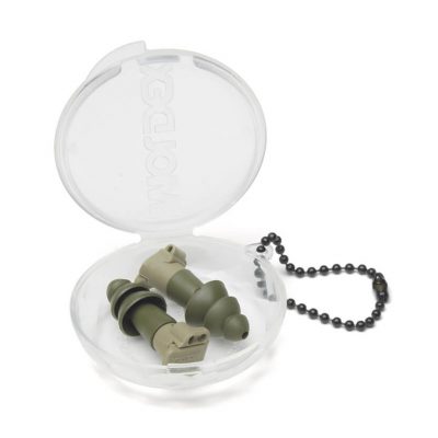 military-green hearing-protection earplugs and carrying case
