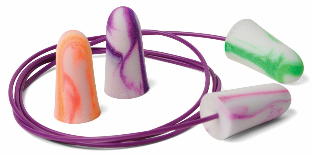 several pairs of disposable foam earplugs including removable neck cord
