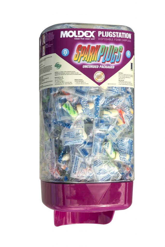 dispenser of individually wrapped fully disposable foam earplugs