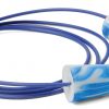close-up view of disposable blue foam earplugs and neck cord