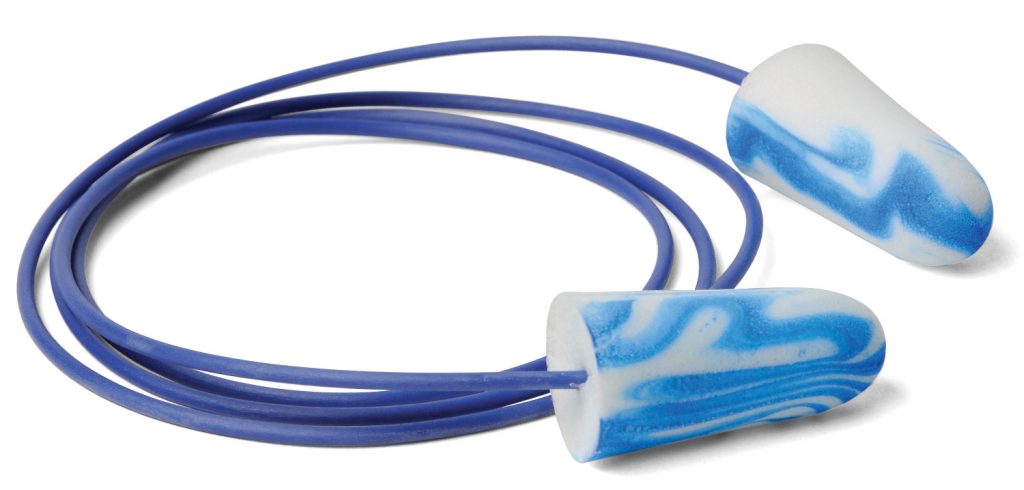 close-up view of disposable blue foam earplugs and neck cord