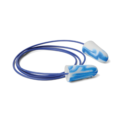 blue-and-white foam hearing-protection earplugs