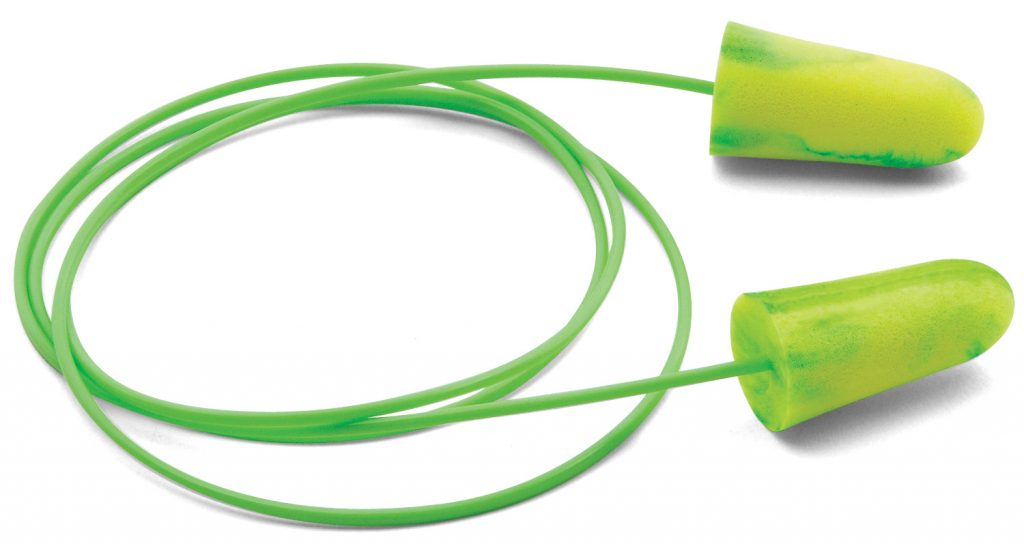 disposable bright-green foam earplugs and removable cord