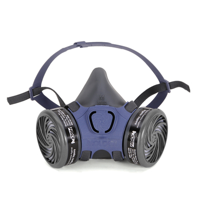 view from the front of black and blue reusable half-face respirator face mask