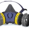 black and blue reusable respirator face mask including yellow replacement cartridge filters
