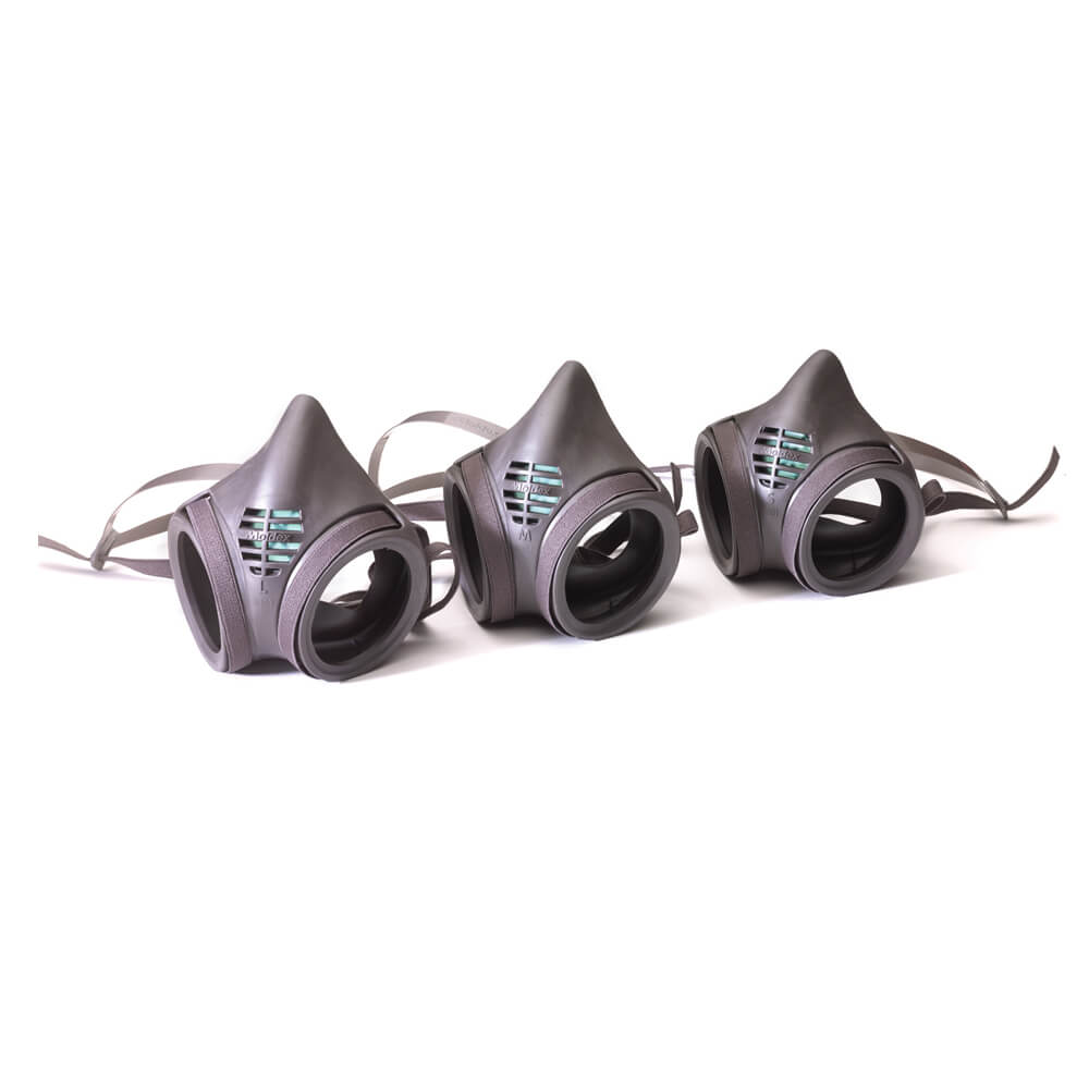 three reusable gray half-mask face masks for respirators