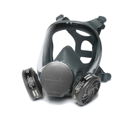 black full-face reusable respirator mask and eye shield