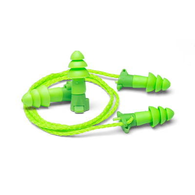 bright-green dual mode reusable earplugs along with removable cord
