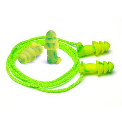 bright green reusable earplugs with neck cord for hearing protection
