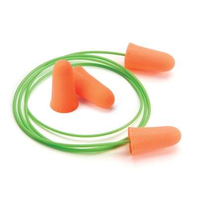 of orange foam earplugs and removable green neck cord, two pairs