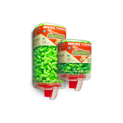 two dispensers of bright green disposable earplugs