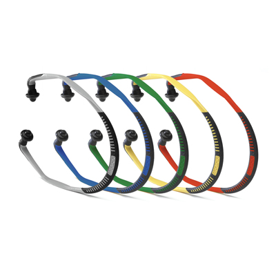 five hearing-protection earplugs on bands in several colors