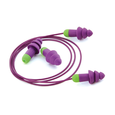 disposable bright purple and green earplugs and removable cord
