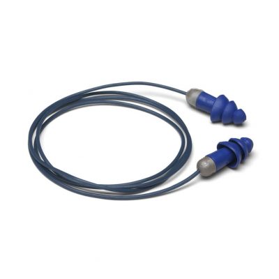 disposable blue and gray earplugs and removable cord