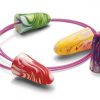 two pairs of colorful disposable foam earplugs and neck cord